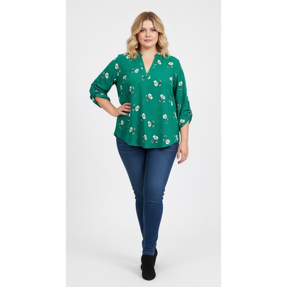 LUSH Green Floral‎ Roll Tab Sleeve V Neck Blouse Top Women's Size M